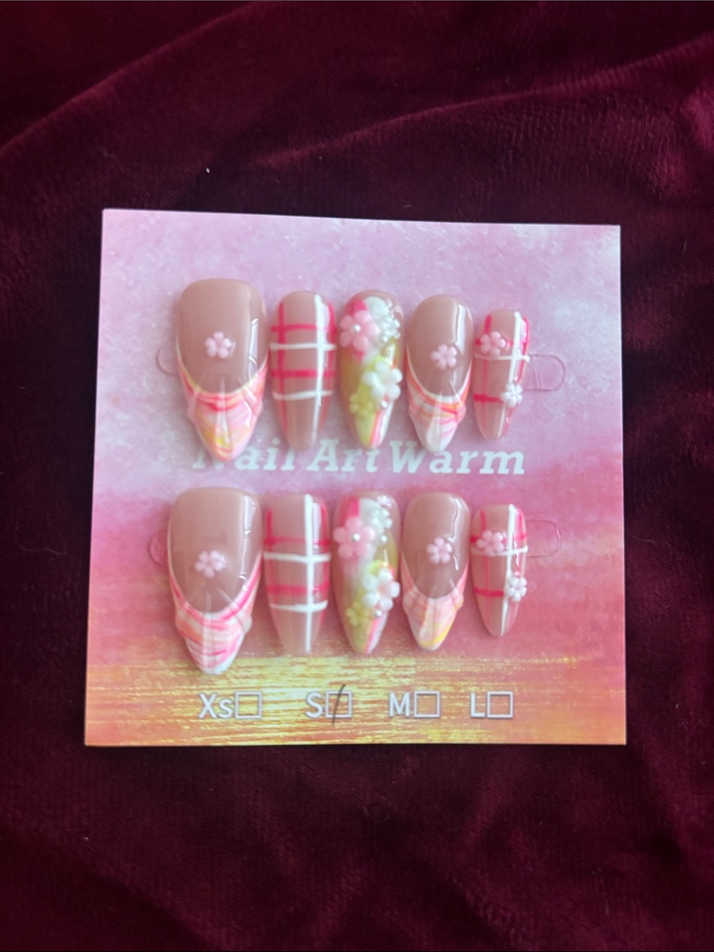 Pink Floral Plaid Press-On Nail Set